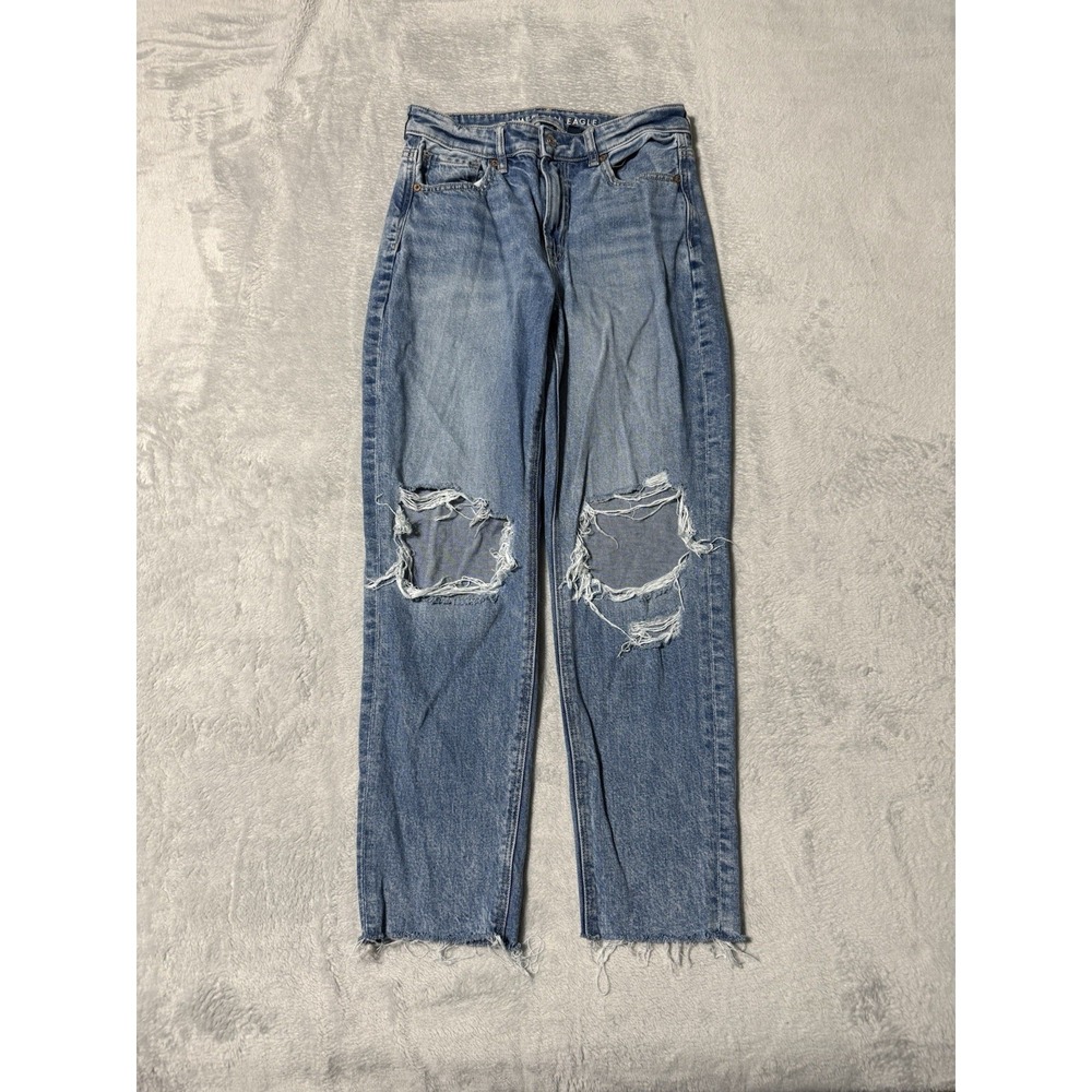American Eagle Mom Jeans Womens 2 Short Blue Distressed Stretch 26x25